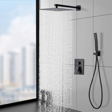 Einbau-Duschsäule Mechanische Duschgarnitur Versenkbares Duschsystem Elegant Schwarz Große quadratische 12-Zoll Duschkopf