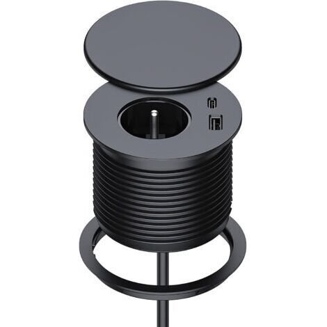 Einbau-Steckdosenleiste mit 1 Steckdose, 1 USB-C-Anschluss, 1 USB-A-Anschluss, 75 mm Durchmesser, 1,5 m Kabel, Tischsteckdose für Küche, Büro, Möbel, Schwarz