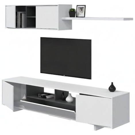 Einbaufertige Wand Hartford, TV-Ständer für Wohnzimmer, Zusammensetzung des Wohnzimmersets, Wohnzimmergarnitur mit Schrankwand, cm 260x41h46, Glänzend weiß