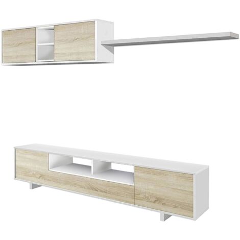 Einbaufertige Wand Hartford, TV-Ständer für Wohnzimmer, Zusammensetzung des Wohnzimmersets, Wohnzimmergarnitur mit Schrankwand, cm 260x41h46, Glänzend weiß und Eiche