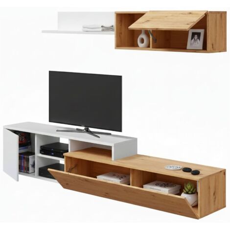 Einbaufertige Wand Miami, TV-Ständer für Wohnzimmer, Wohnzimmerkomposition mit Wohnwand und Regal, cm 220x40h44, Asteffekt Eiche und Weiß