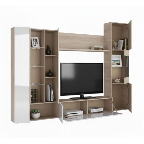 Einbaufertige Wand Raleigh, Modularer TV-Ständer für das Wohnzimmer, Komposition für Wohnzimmer mit Oberschränken und Vitrinen mit LED-Licht, cm 260x42h185, Eiche und Weiß