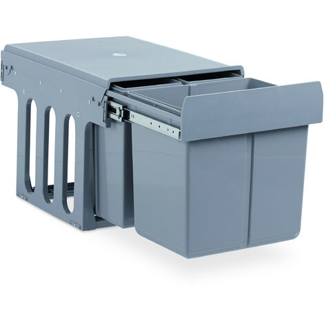 Einbaumülleimer Küche, Auszug, 3-fach Müllsystem Unterschrank, 15 & 8 Liter, Kunststoff, HBT 35x34x48 cm, grau