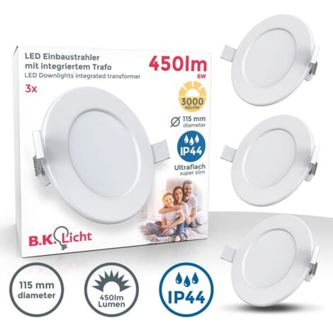 Einbauspot 100mm 3er Set - 230V, 6W, 450lm, LED, IP44, warmweiß, weiß