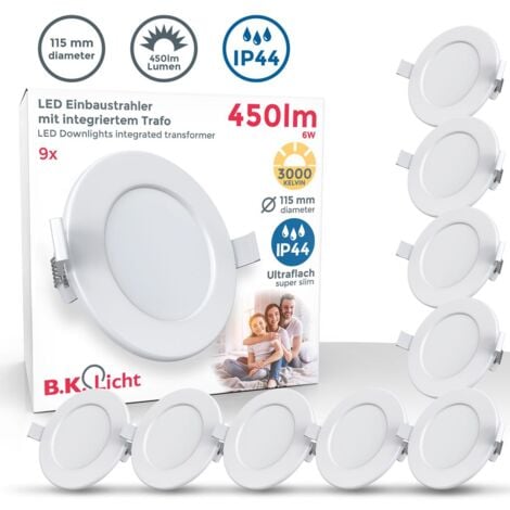 Einbauspot 100mm 9er Set - 230V, 6W, 450lm, LED, IP44, warmweiß, weiß