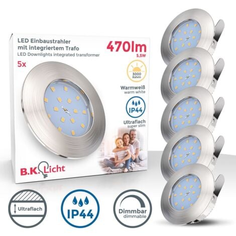 Einbauspot 5er Set 60mm Lochmaß - 230V, 5,5W, 470lm, LED, dimmbar, IP44, warmweiß, matt-nickel
