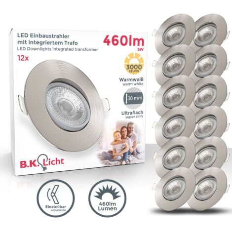 Einbaustrahler 68mm 12er Set - 230V, 4,9W, 480lm, LED, warmweiß, matt-nickel