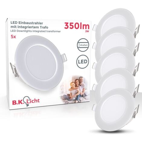 Einbaustrahler 68mm 5er Set - 230V, 3W, 350lm, LED, IP65, neutralweiß, weiß