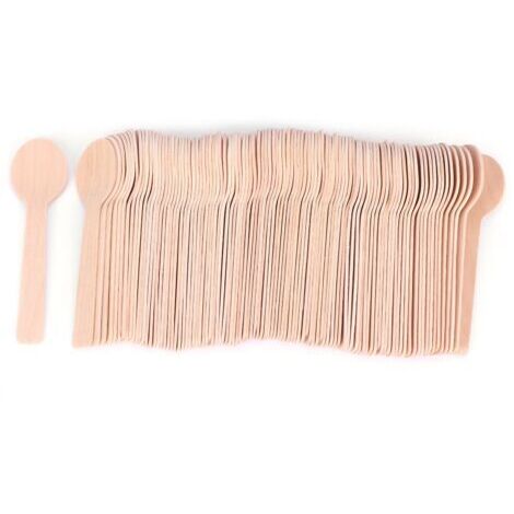 Eine Packung mit 100 Mini-Einweg-Holzlöffeln, jeweils 10 cm lang, perfekt zum Kochen, für Desserts und Eiscreme.