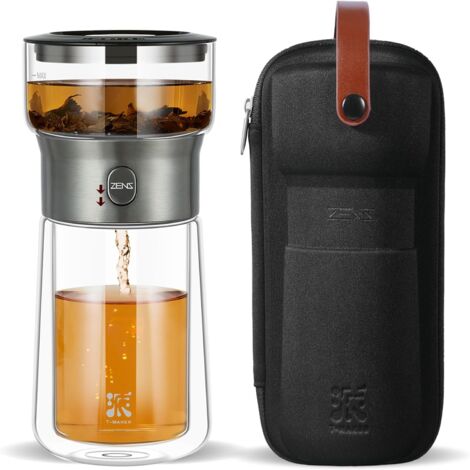 Einfache Teekanne mit integriertem Teesieb, Filterkaffeemaschine mit Ein-Klick-Bedienung, kleine Glasteekanne mit 270-ml-Isolierbecher, schwarz