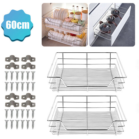 EINFEBEN 2x 60cm tiroir de cuisine placard coulissant tiroir télescopique cuisine étagère panier coulissant - argent