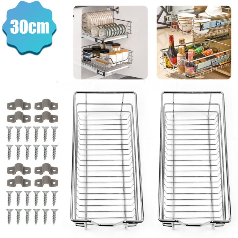 Einfeben - 2X Tiroir de Cuisine Télescopique d'Armoire de Cuisine Argent 30CM