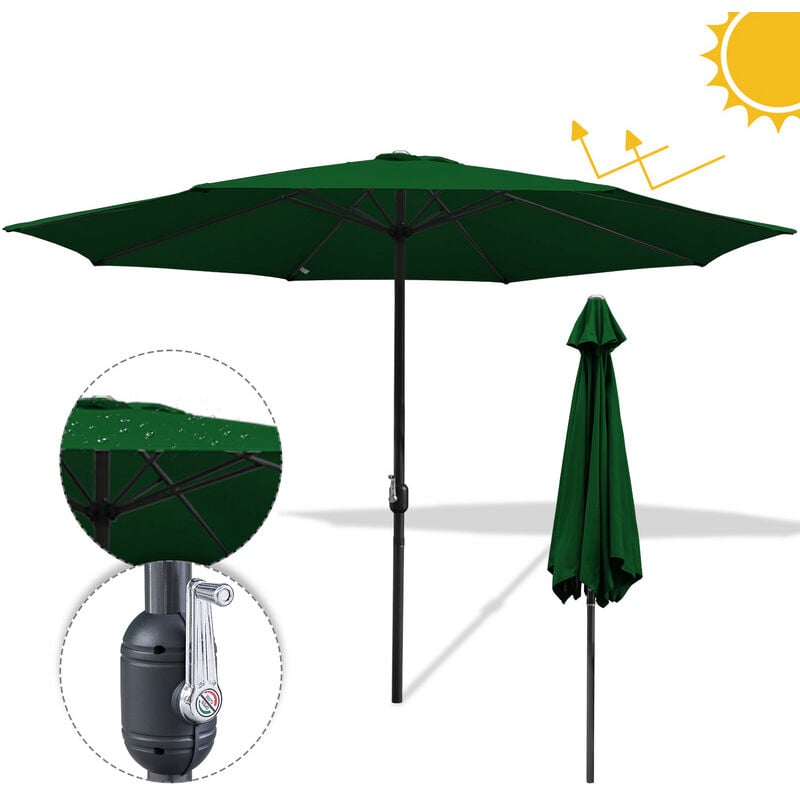 Parasol droit rond Ø350cm - mât central en aluminium orientable et manivelle d'ouverture, Vert, Parapluie hawaïen