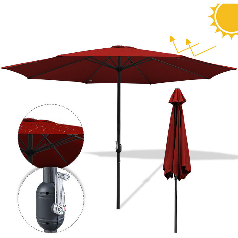 Parasol droit rond Ø350cm - mât central en aluminium orientable et manivelle d'ouverture, Rouge, Parapluie hawaïen