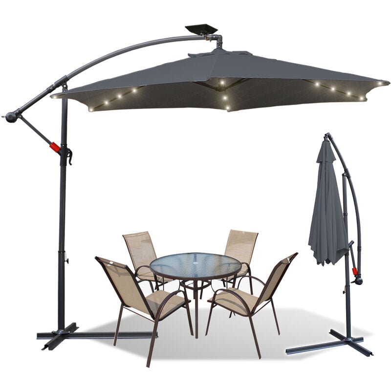 3m Parasol UV40+ camping pendule parasol pavillon led solaire jardin parasol avec led - gris - gris - Einfeben