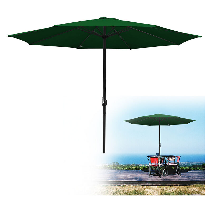 Parasol droit rectangulaire 2.7m - mât central en aluminium orientable et manivelle d'ouverture, Vert