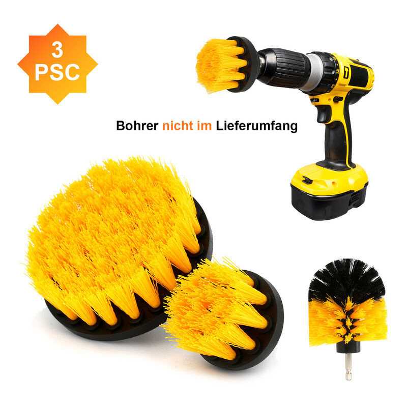 3X Set de Perceuse Brosse Accessoire Brosse de Nettoyage Perceuse pour cuisine tournevis carrelage sans fil 2'' / 3.5'' / 4'' - Jaune - Einfeben