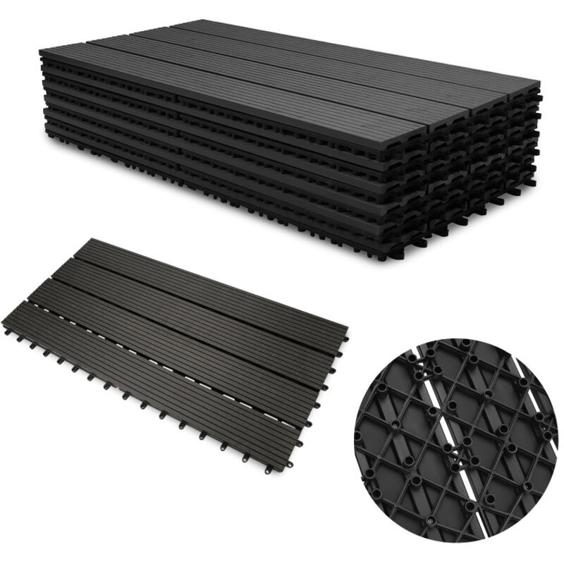 6x Dalle terrasse composite effet bois Dalles de Jardin clipsables en Bois Composite wpc 60 x 30 cm mosaïque Revêtement Anthracite - Einfeben