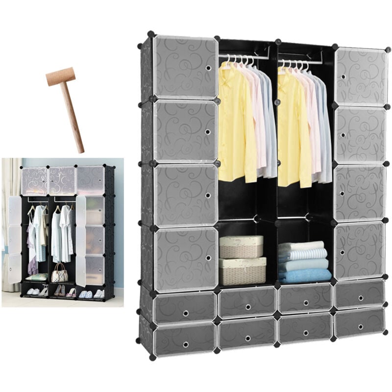 Einfeben - Armoire de Rangement pour Vêtements Chaussures Jouets Accessoires, diy Armoire en Plastique, 16+8 cubes, Noir