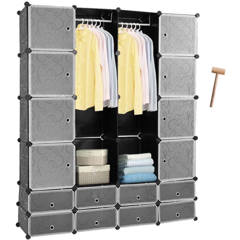 Einfeben - Armoire Penderie Étagère de Rangement en Plastique, diy Armoire Penderie, Système d'étagères - 16+8 cubes Noir