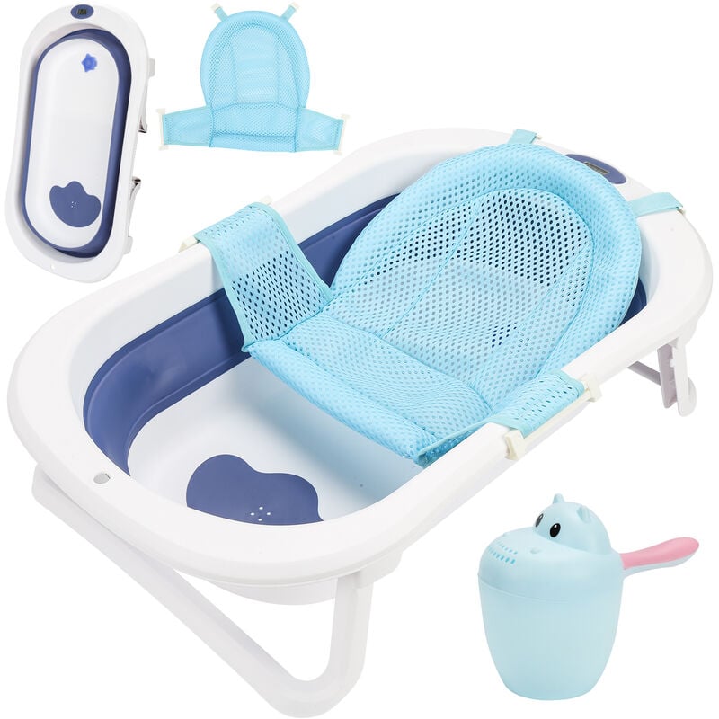 Baignoire Bébé Pliable Baignoire Bébé Ergonomique avec Pieds Antidérapants pour Bébés et Nouveau-nés (Bleu+ Coussin de bain) - bleu - Einfeben