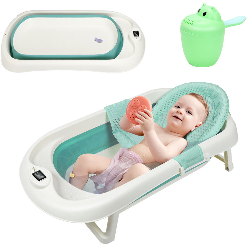 Bébé Baignoire Enfants Pliable Bain Sûr 3 en 1 0-6 Ans avec Pieds Portable avec Filet de Sécurité Thermomètre Shampoing vert - Einfeben