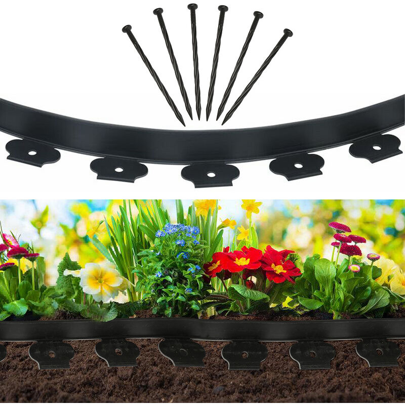 Einfeben - Bordure de pelouse flexible - 10 mètres avec 30 clous, bordure de pelouse idéale, bordure de chemin ou bordure de lit, en pvc - noir