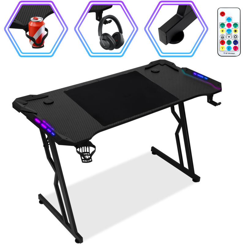 Einfeben - Bureau Gaming avec Tapis de Souris et Porte-gobelet, Plateau en fibre de carbone, 140x60cm, Bureau de jeu met LED+télécommande