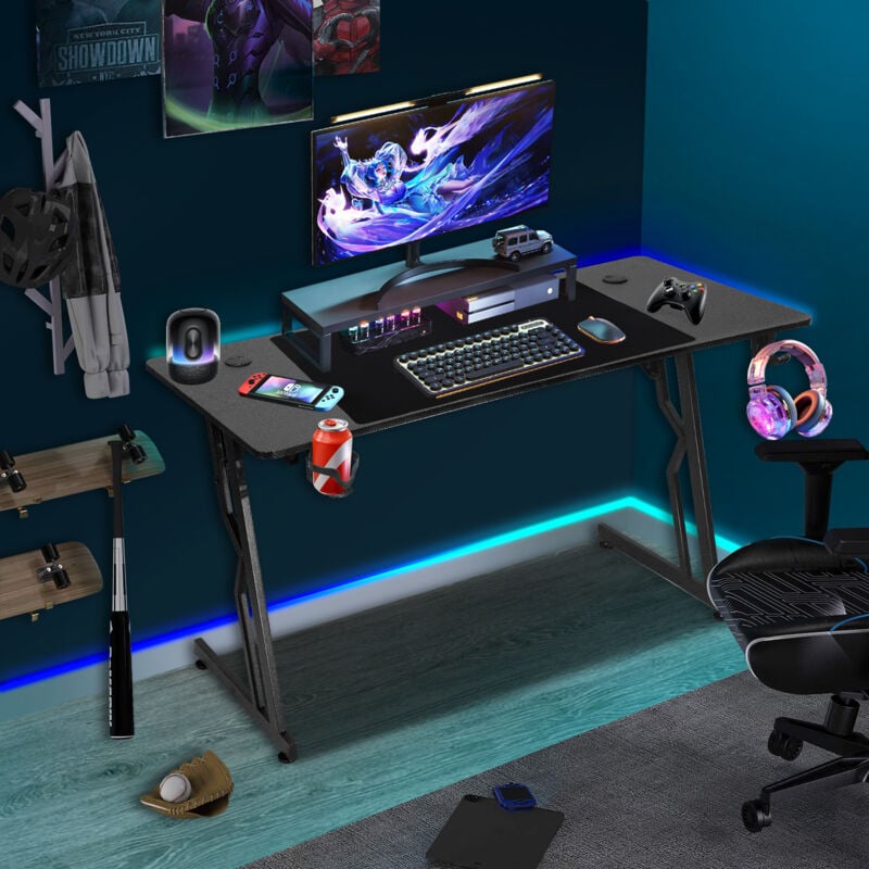 Einfeben - Bureau Gaming en Z-Forme avec Tapis de Souris, Porte-gobelet et Crochet pour Casque, Bureau Gamer 140x60cm, sans led