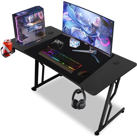 EINFEBEN 120x60cm Table de Gaming avec Trou, Porte-gobelet et Crochet pour Casque (sans LED)