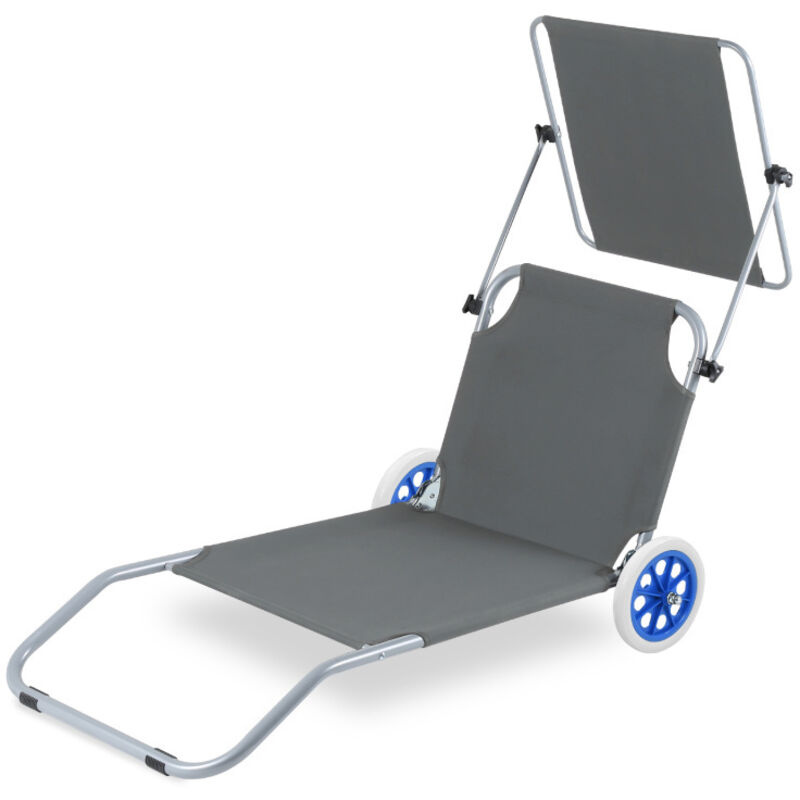 Chaise longue de jardin, Chaise de plage, Chaise longue pliable, jusqu'à 100 kg, avec 2 roues, oreiller 150x60x27cm-Gris Foncé - Einfeben