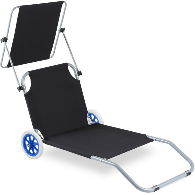 Chaise longue de jardin, Chaise de plage, Chaise longue pliable, jusqu'à 100 kg, avec 2 roues, oreiller 150x60x27cm-Noir - Einfeben