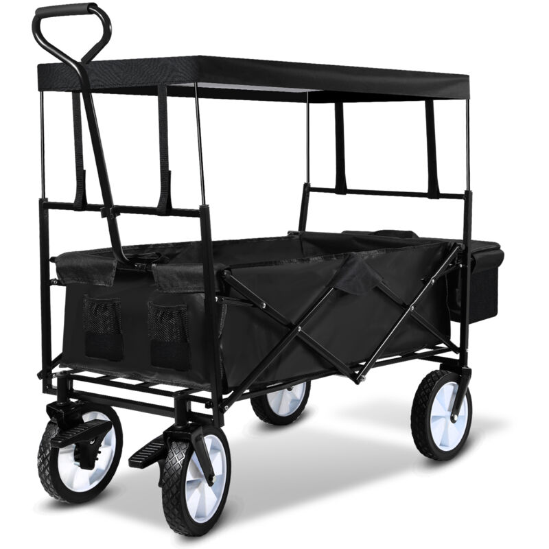 Einfeben - Chariot de jardin Chariot de transport avec Toit pneus larges Chariot à bras pliable Chariot Pliant de Plage Charge maximale 80kg Noir