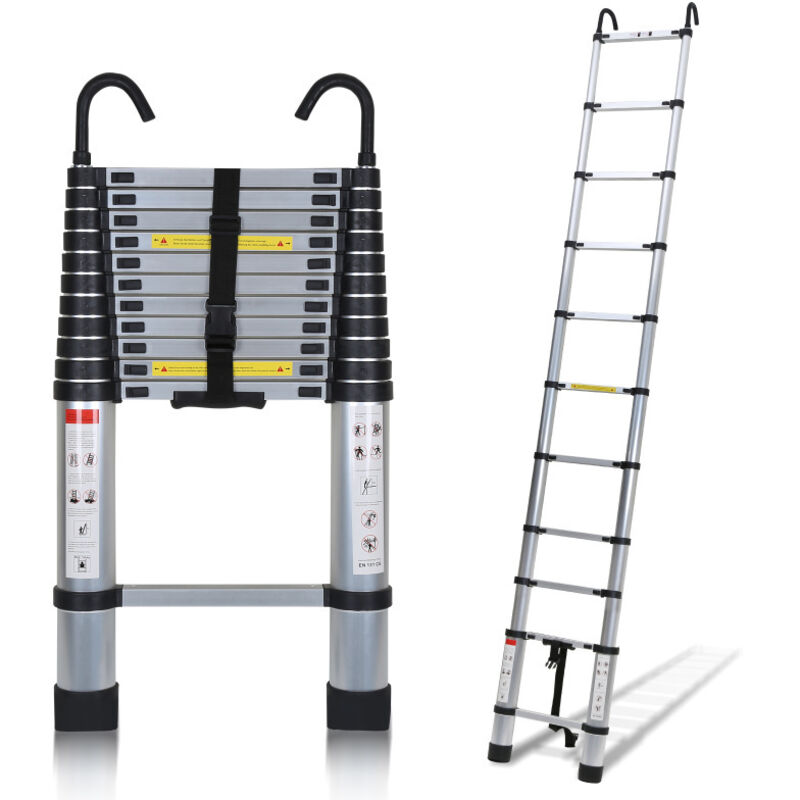 Echelle Télescopique Aluminium Avec Crochet Escabeau Argent Multifonction Multi-Fonction 3,2m