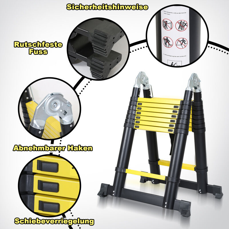 Einfeben - chelle télescopique Alu avec crochet escabeau noir+jaune Multi-Fonction 2,5+2,5 m