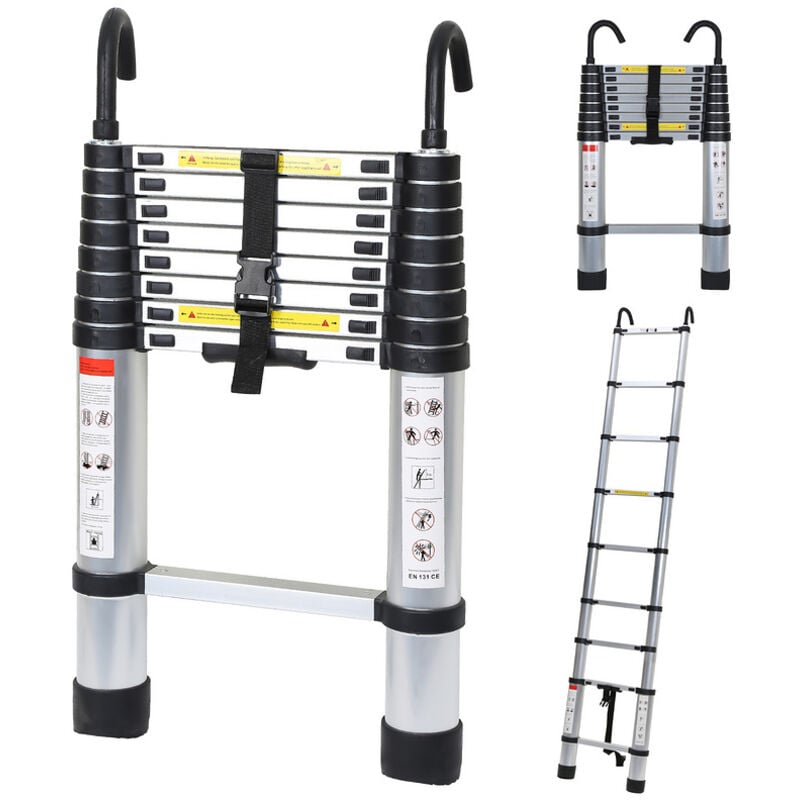 Echelle Télescopique Aluminium Avec Crochet Escabeau Argent Multifonction Portable Pliante 2,6m