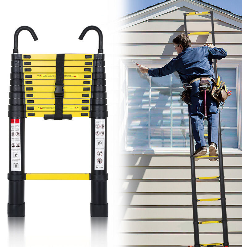 Einfeben - chelle télescopique avec crochet escabeau noir+jaune Portable Pliante 3,2m