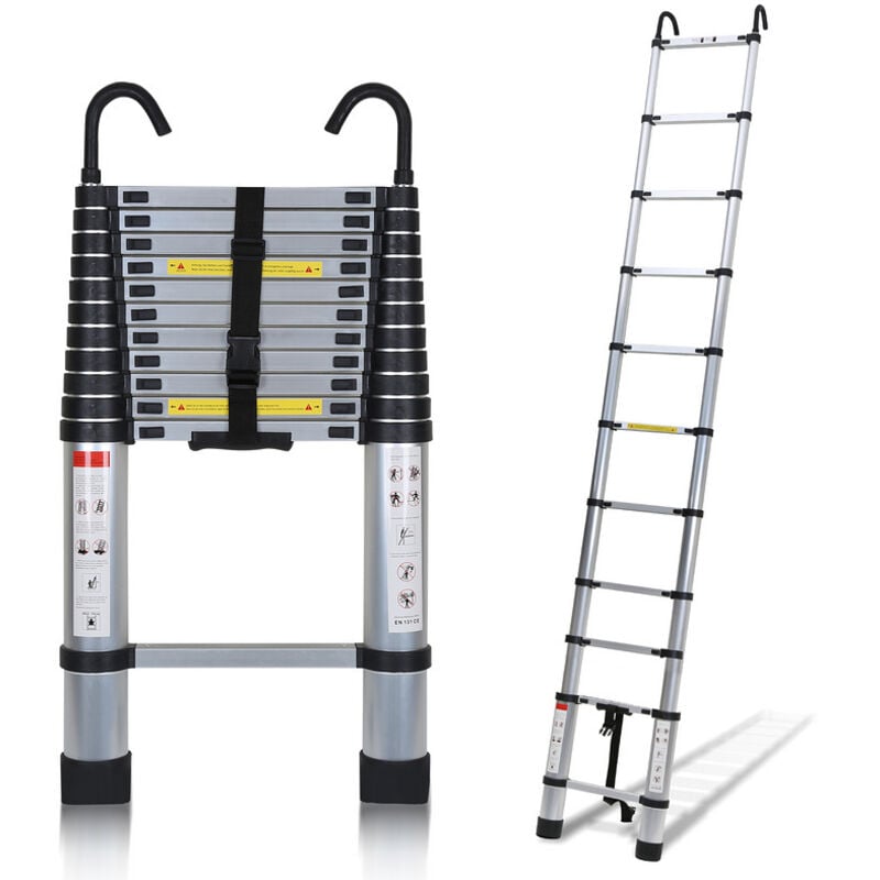 Einfeben - Echelle Télescopique Aluminium Avec Crochet Escabeau Argent Multifonction Portable Pliante 3,2m