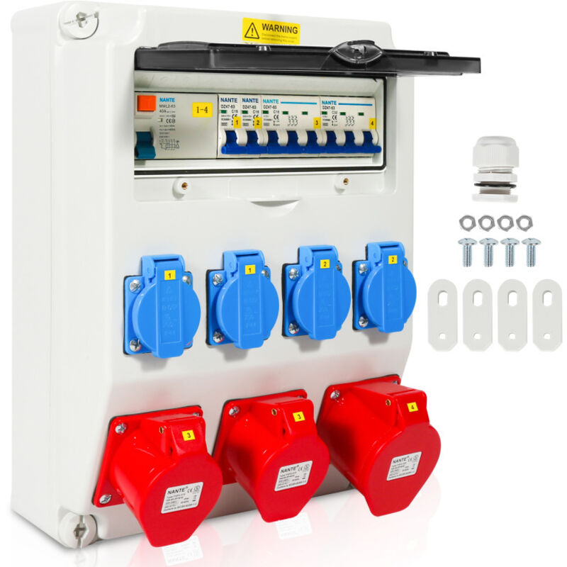 Coffret De Chantier Distributeur mural avec disjoncteur et fi, répartiteur électrique de site à 5 pôles avec 4 prises Schuko et prise cee 16/32 a