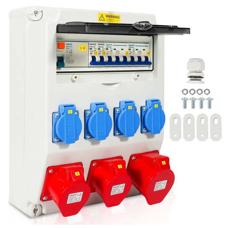 Coffret De Chantier Distributeur mural avec disjoncteur et fi, répartiteur électrique de site à 5 pôles avec 4 prises Schuko et prise cee 16/32 a