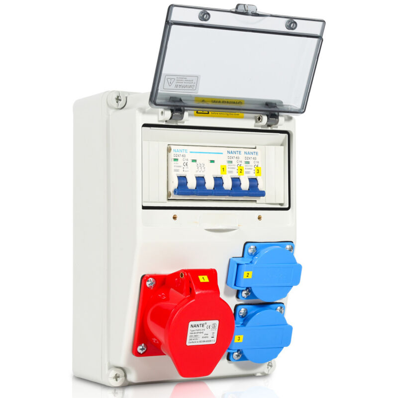 Coffret De Chantier Distributeur mural avec disjoncteur, répartiteur électrique de site à 5 pôles avec 2 prises Schuko et prise cee 16 a - Einfeben