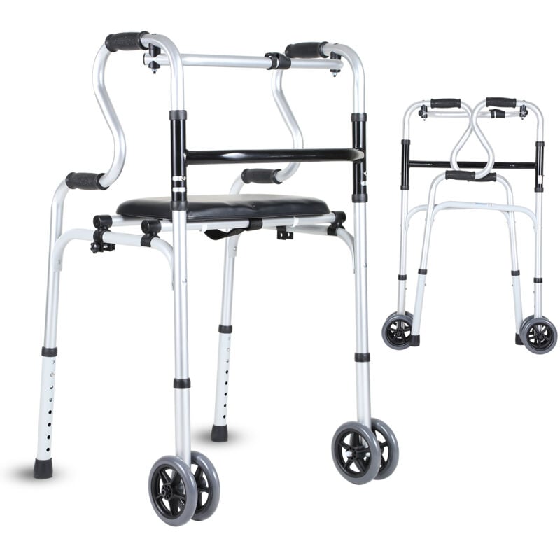 Déambulateur 4 roues pliable, Cadre de marche, Hauteur réglable, Léger en d'aluminium, fixe et réglable, à double accoudoir - Einfeben