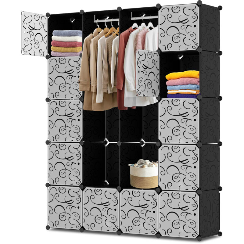 EINFEBEN DIY Armoire de Rangement 180x142x37cm, pour Vêtements Chaussures Jouets - 20 Cubes, Noir (Décoré)