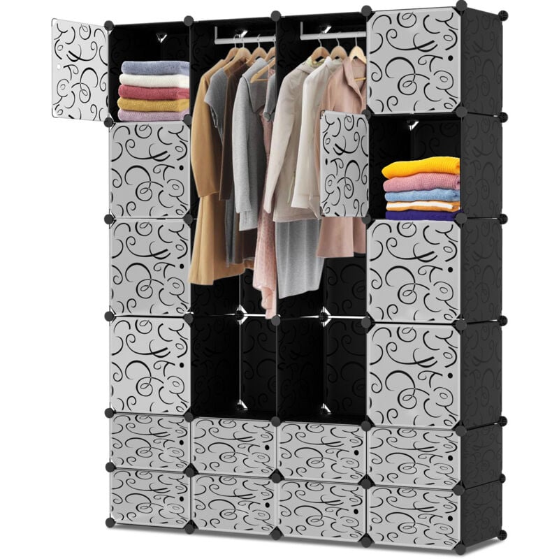 Einfeben - diy Armoire de Rangement 180x142x37cm, pour Vêtements Chaussures Jouets - 16+8 Cubes, Noir (Décoré)