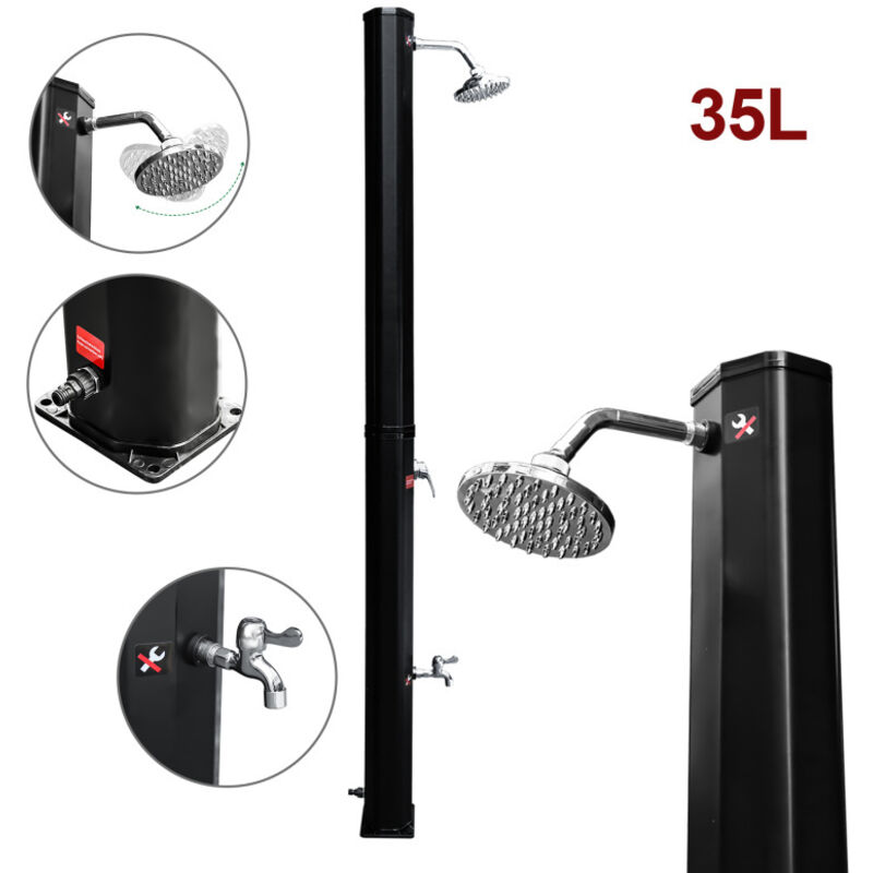 Douche jardin 35L noire solaire avec pomme ronde, douche de pied, matériel de montage et housse de protection - Einfeben