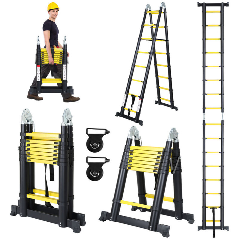 Echelle télescopique 2,5m+2,5m avec roulettes Echelle double pliante Stabil Aluminium jusqu'à 150kg - Einfeben