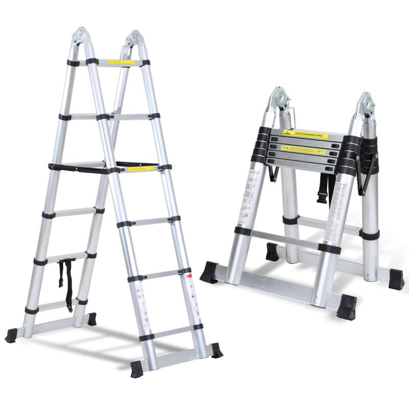 Chelle télescopique Échelle pliante Aluminium Escabeau sans crochets Avec stabilisateur 1,9m+1,9m Argent - Argent - Einfeben