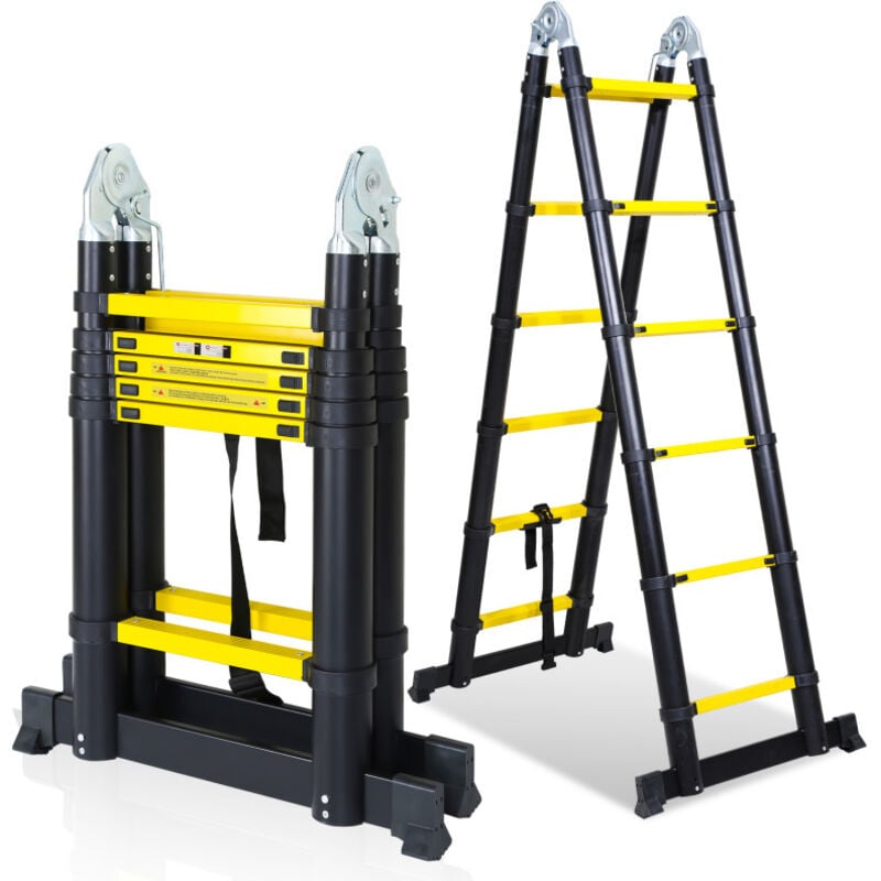 Echelle Télescopique jusqu'à 150 kg Escabeau stable en aluminium Multi-Fonction 1,9+1,9 m Jaune + noir