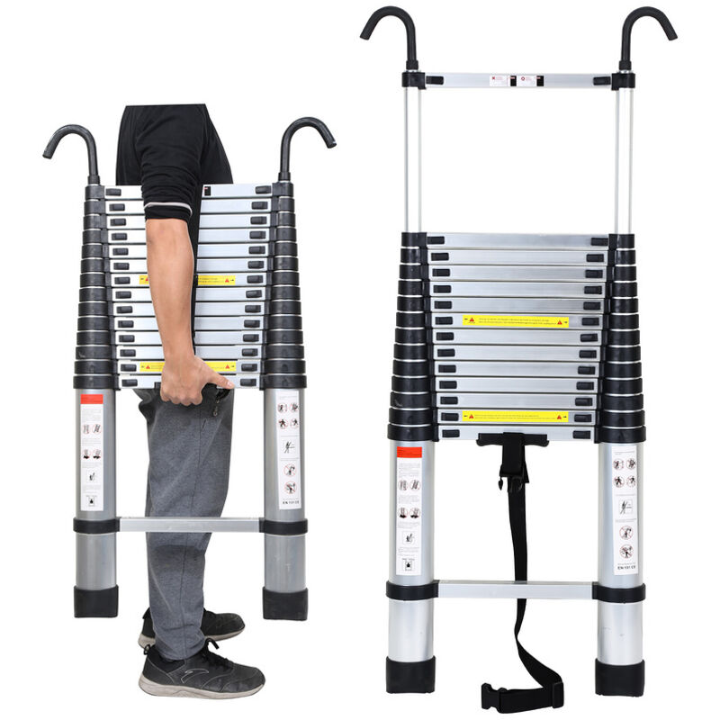 Echelle Télescopique jusqu'à 150 kg Escabeau stable en aluminium Multi-Fonction 4,4 m Avec Crochet Escabeau