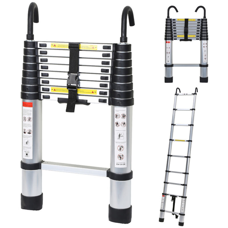 Echelle Télescopique jusqu'à 150 kg Escabeau stable en aluminium Multi-Fonction 2,6 m Avec Crochet Escabeau